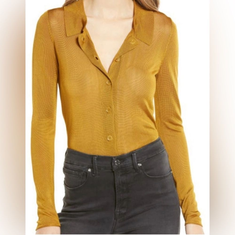 Good American sheer button front long sleeve golden polo
